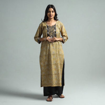 Yellow - Pedana Kalamkari Block Printed Cotton Kurta with Palazzo Set