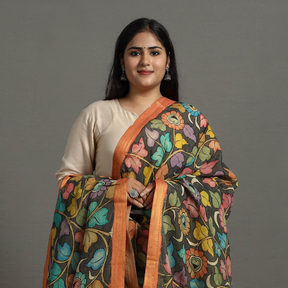 Multicolor - Chanderi Silk Srikalahasti Handpainted Pen Kalamkari Dupatta 49