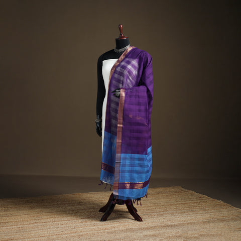 Blue - Pure Handloom Cotton Nizam Zari Border Mangalagiri Dupatta 49