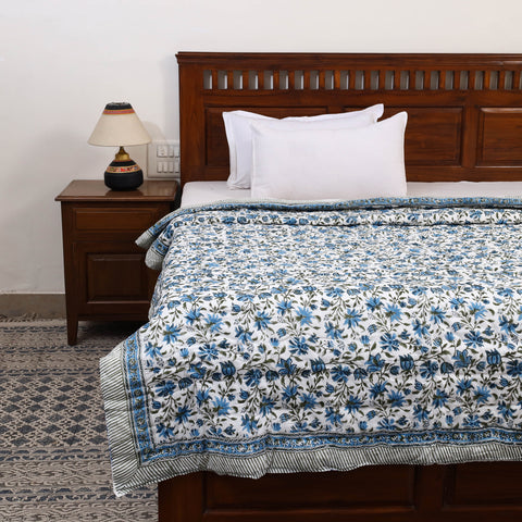 Blue - Single - Reversible Sanganeri Block Print Cotton Quilt 35