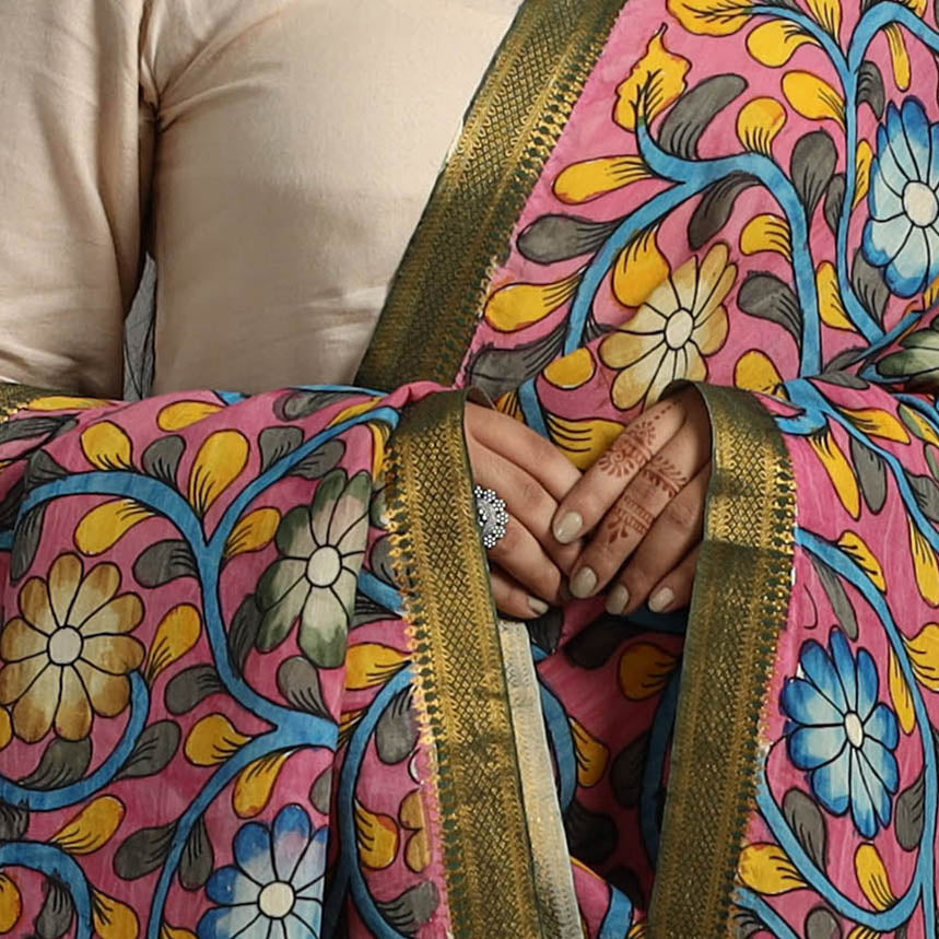 Pink - Chanderi Silk Srikalahasti Handpainted Pen Kalamkari Dupatta 50