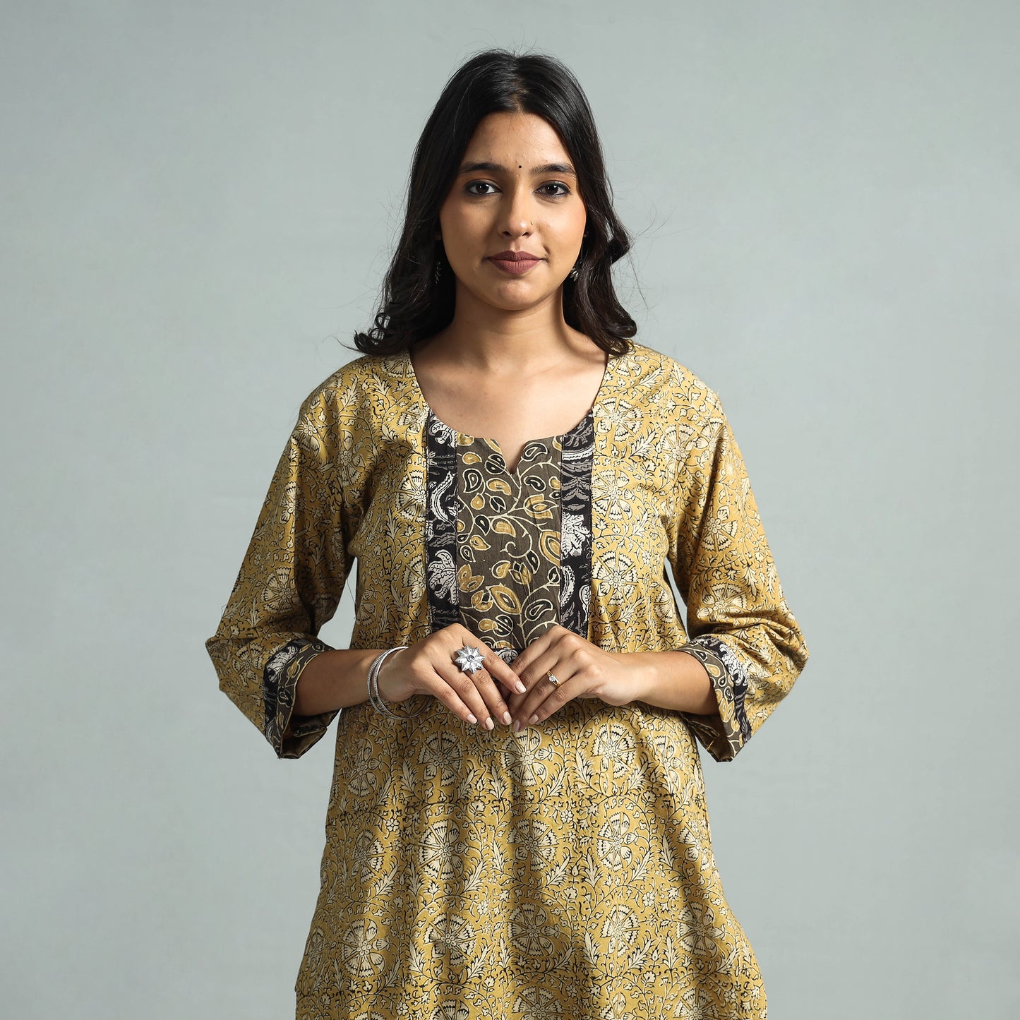 Yellow - Pedana Kalamkari Block Printed Cotton Kurta with Palazzo Set