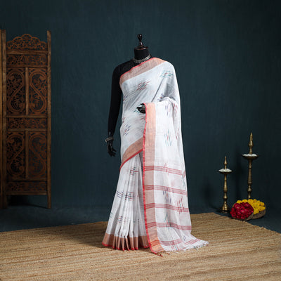 Bengal Ikat Handwoven Pure Cotton Zari Border Saree for Durga Puja 09