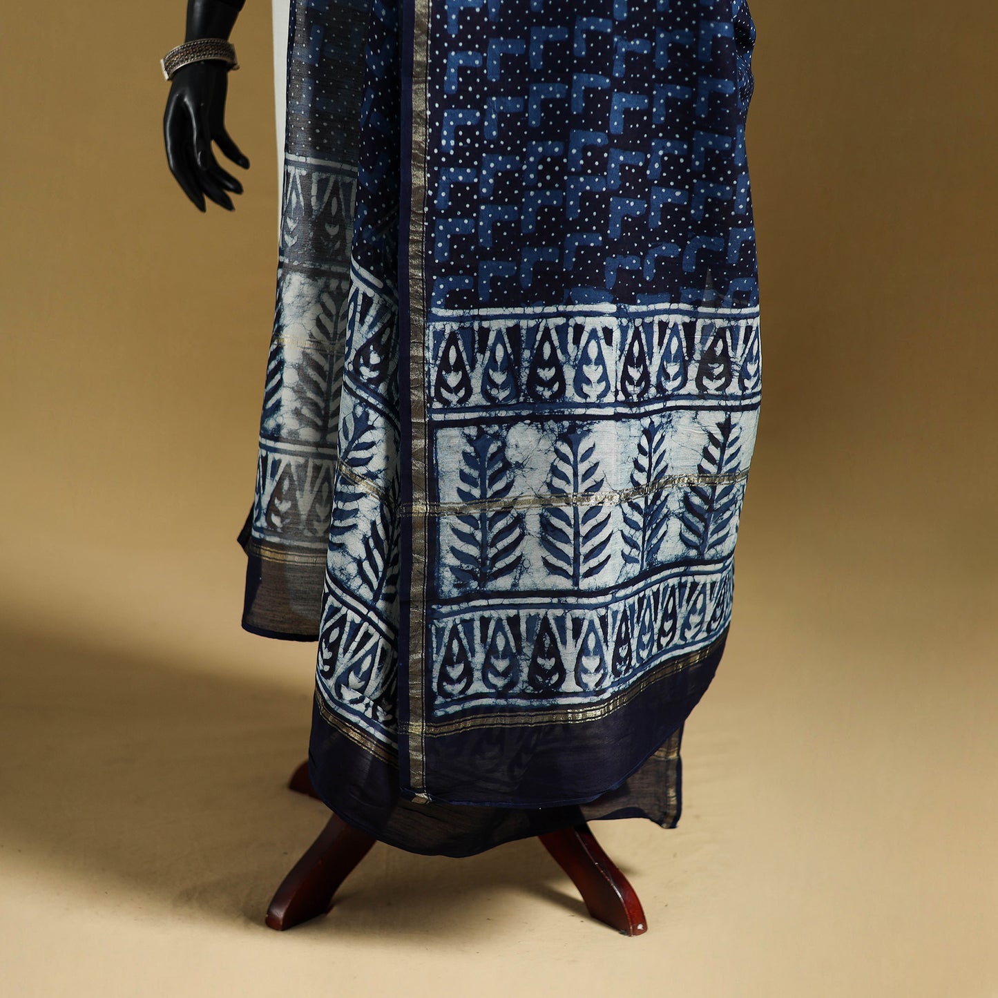 Blue - Pipad Hand Block Print Natural Dyed Chanderi Silk Handloom Dupatta 45
