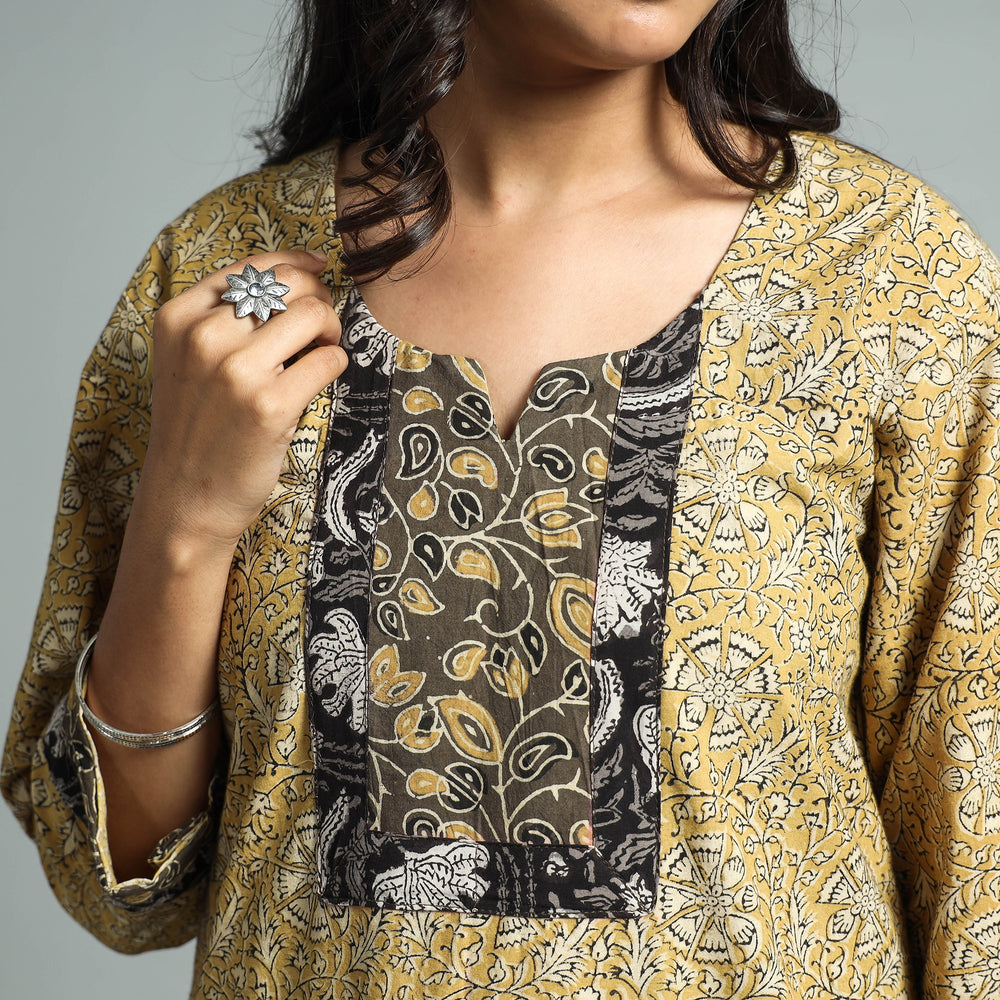 Yellow - Pedana Kalamkari Block Printed Cotton Kurta with Palazzo Set