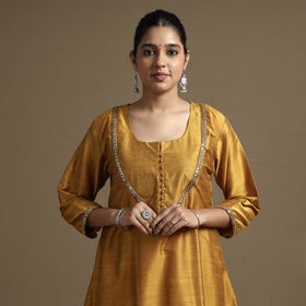  Plain Solid Slub Silk Kurta with Beadwork Hand Embroidery Lace 