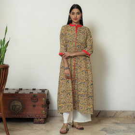 Kalamkari Hand Block Printed Cotton A-Line Kurta For Women