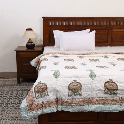 Orange - Single - Reversible Sanganeri Block Print Cotton Quilt 36