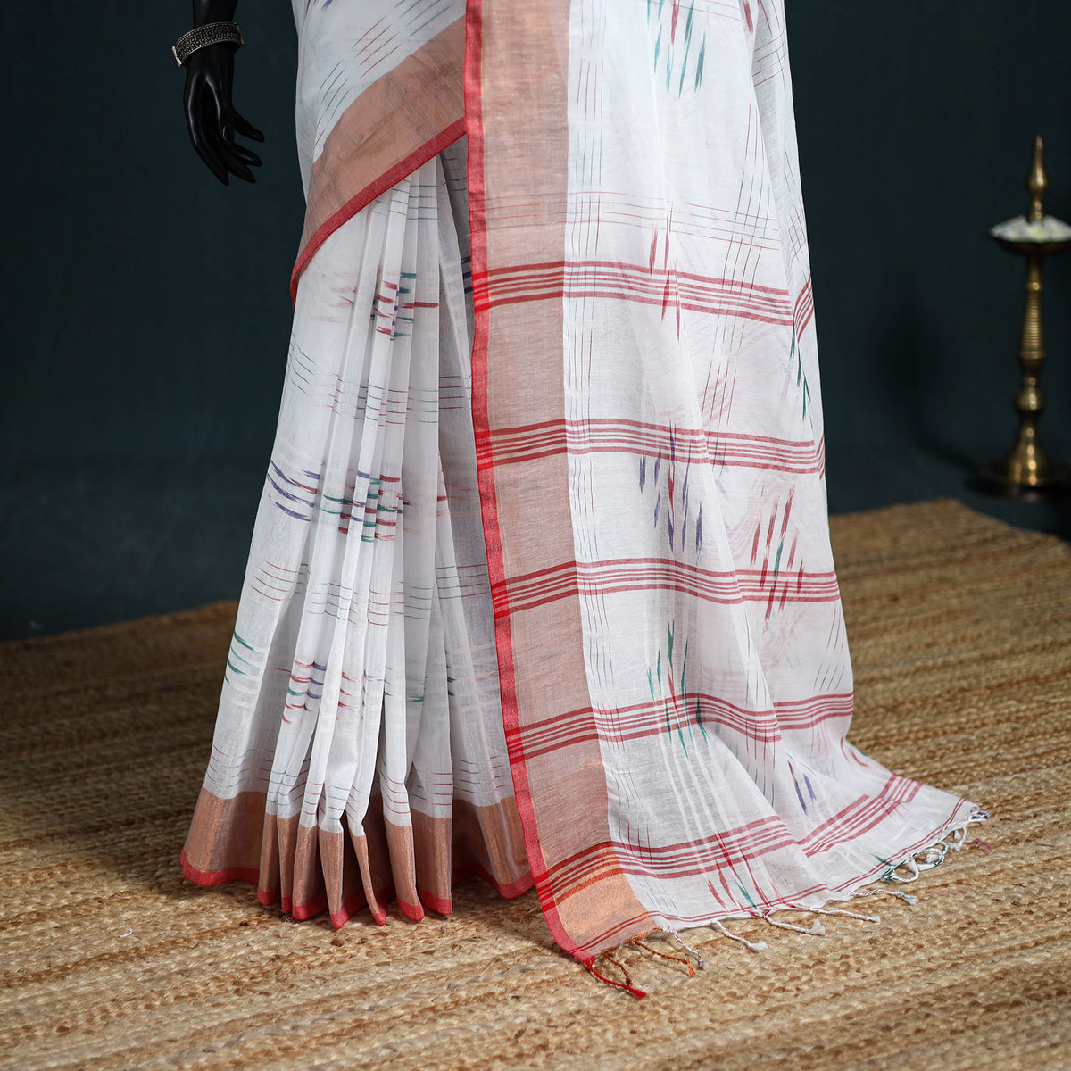 Bengal Ikat Handwoven Pure Cotton Zari Border Saree for Durga Puja 09