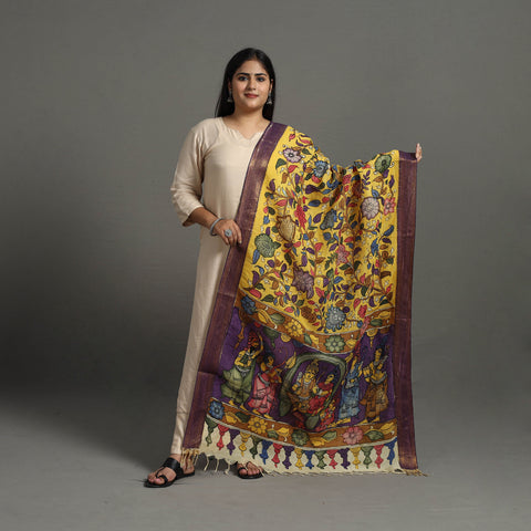 Yellow - Chanderi Silk Srikalahasti Handpainted Pen Kalamkari Dupatta 52