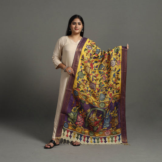 Yellow - Chanderi Silk Srikalahasti Handpainted Pen Kalamkari Dupatta 52