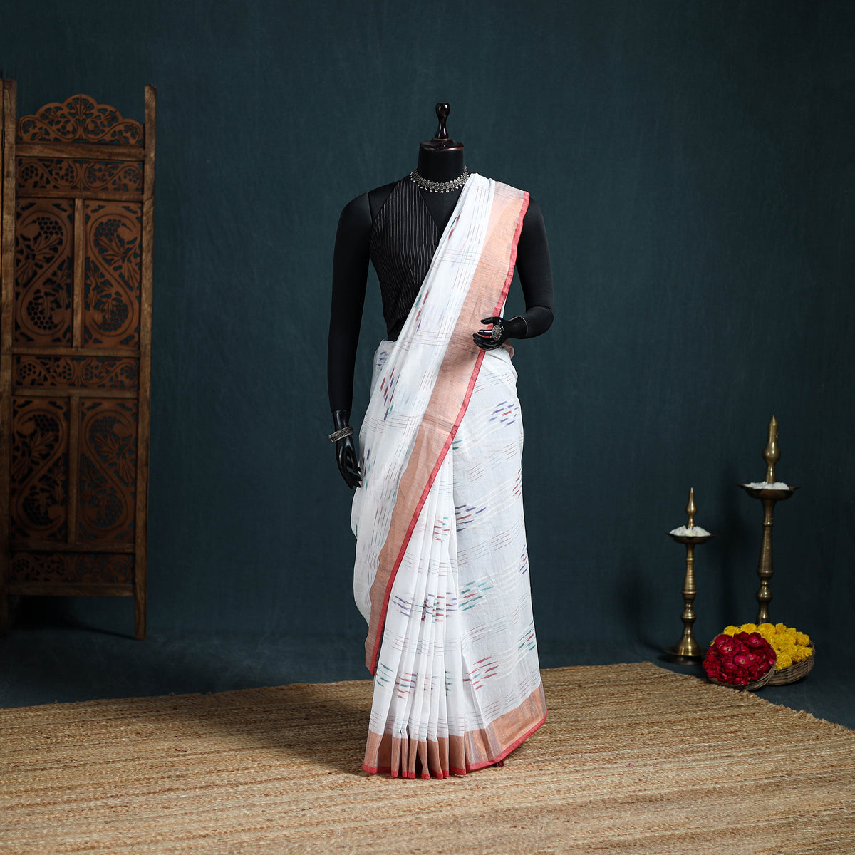 Bengal Ikat Handwoven Pure Cotton Zari Border Saree for Durga Puja 09