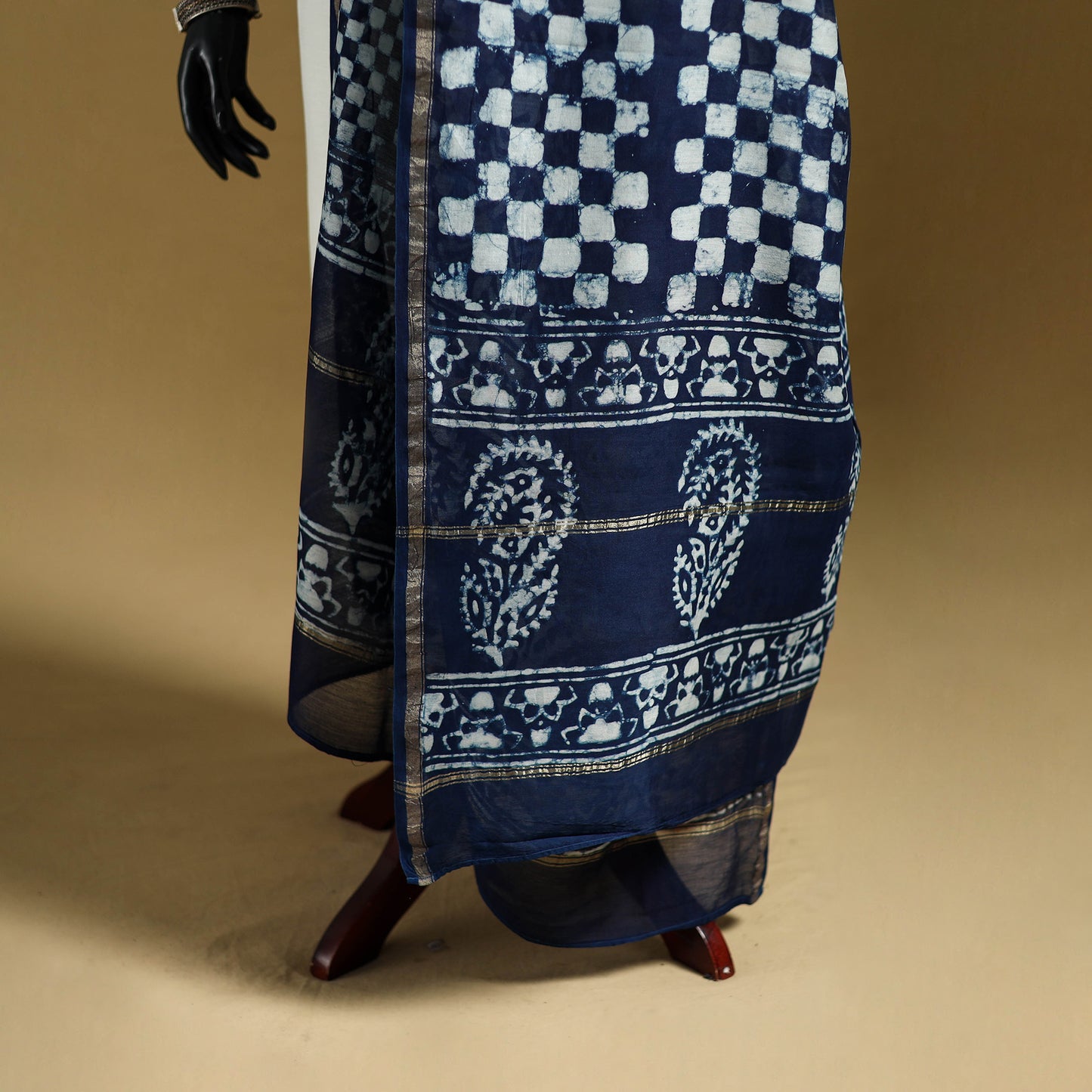 Blue - Pipad Hand Block Print Natural Dyed Chanderi Silk Handloom Dupatta 46
