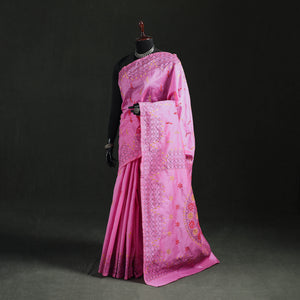 Pink - Hand Embroidered Silk Saree 15