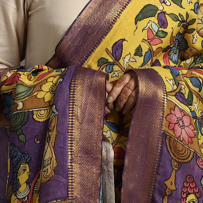 Yellow - Chanderi Silk Srikalahasti Handpainted Pen Kalamkari Dupatta 52