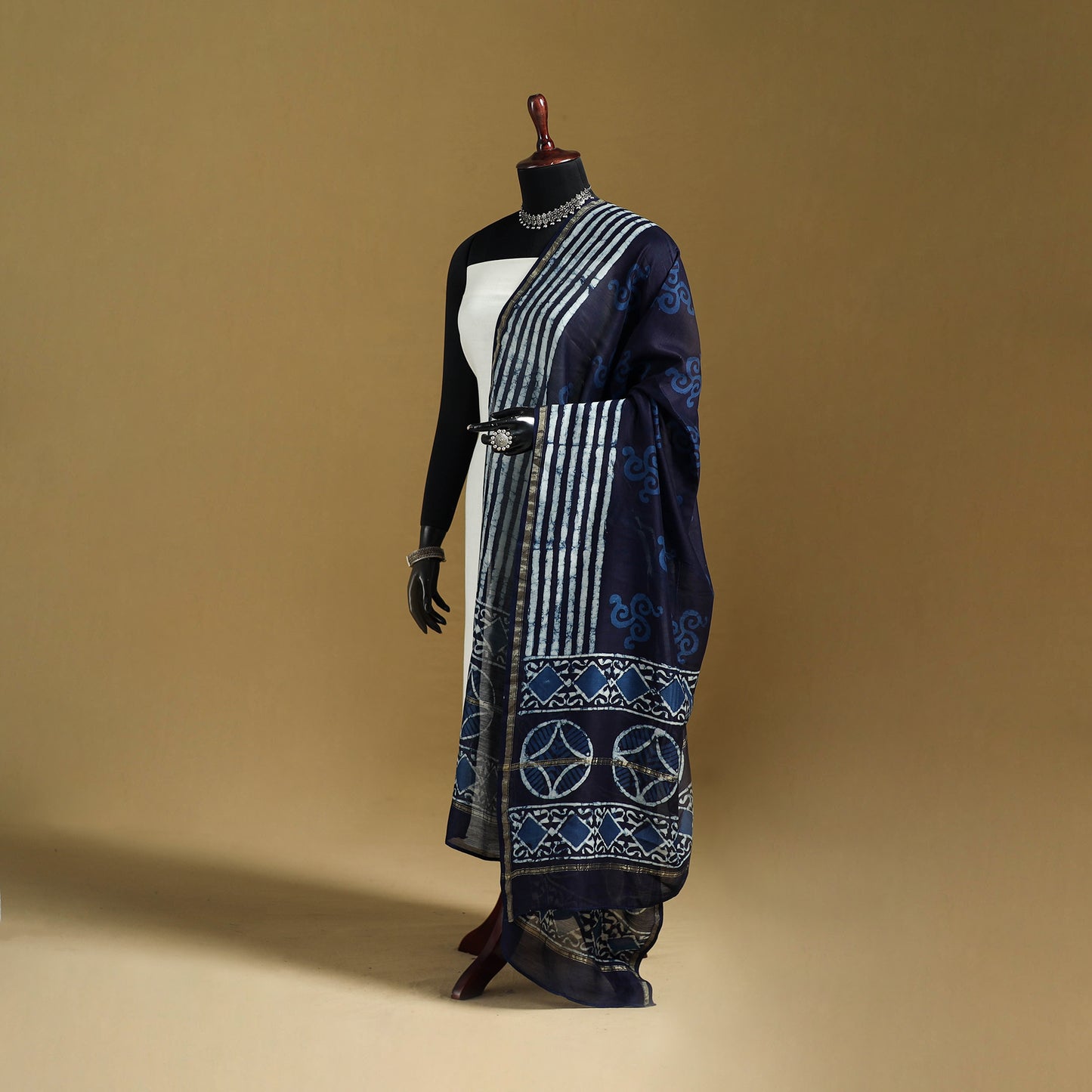 Blue - Pipad Hand Block Print Natural Dyed Chanderi Silk Handloom Dupatta 47