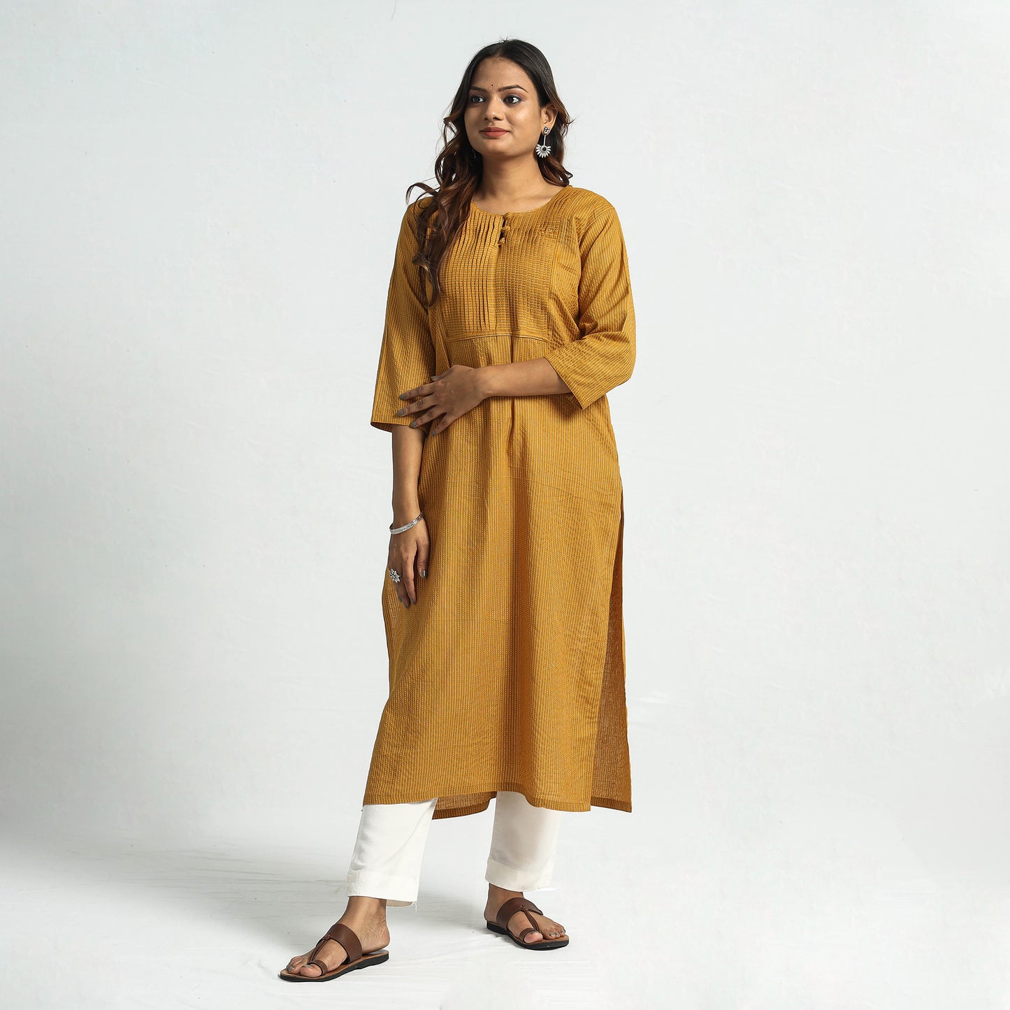 Mustard Yellow - Plain Running Stitch Cotton Pintuck Long Straight Kurta