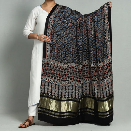 Black - Ajrakh Hand Block Printed Modal Silk Dupatta with Zari Border