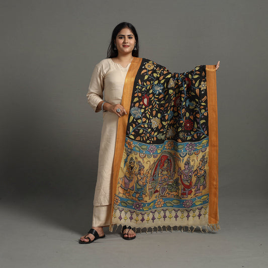 Black - Chanderi Silk Srikalahasti Handpainted Pen Kalamkari Dupatta 53