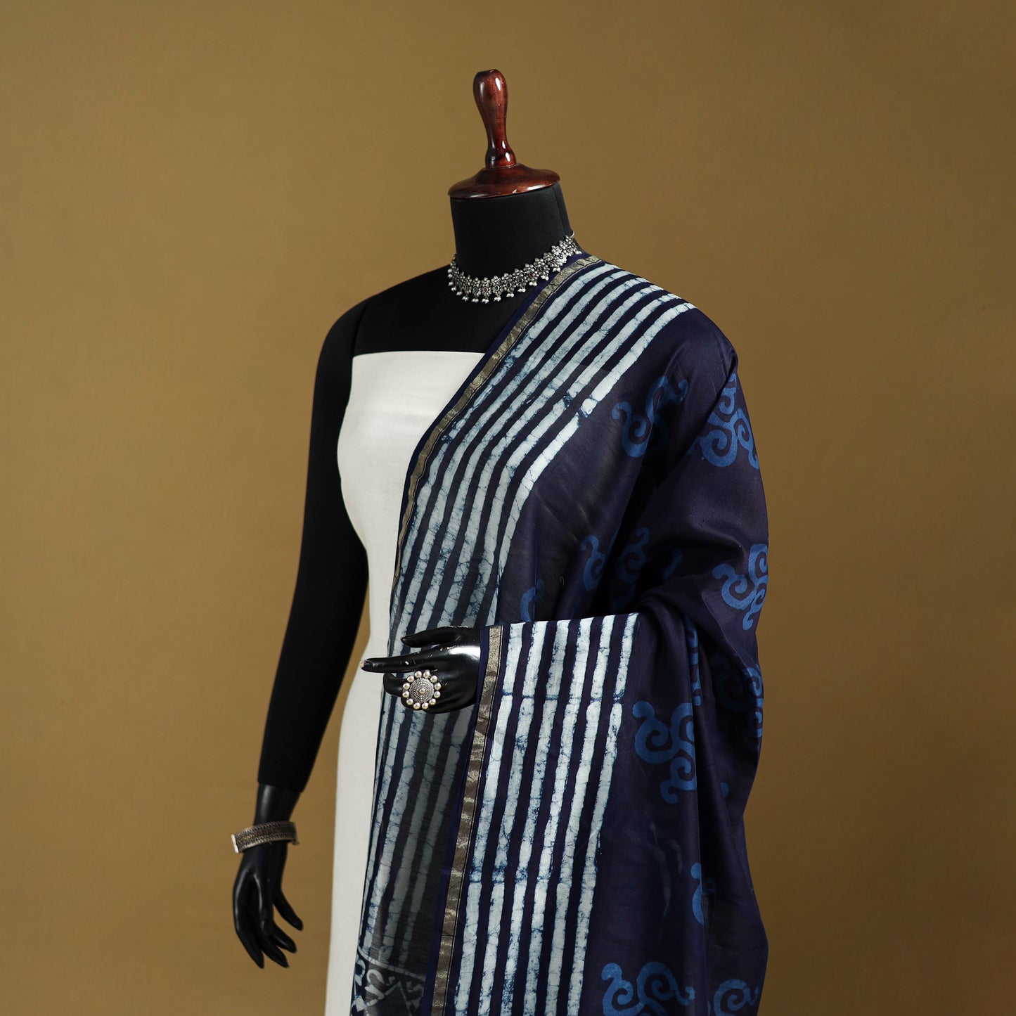 Blue - Pipad Hand Block Print Natural Dyed Chanderi Silk Handloom Dupatta 47