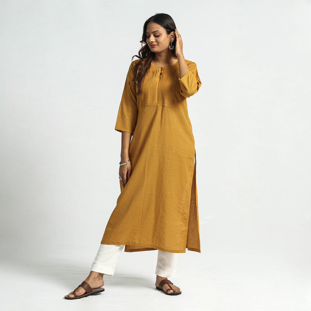 Mustard Yellow - Plain Running Stitch Cotton Pintuck Long Straight Kurta