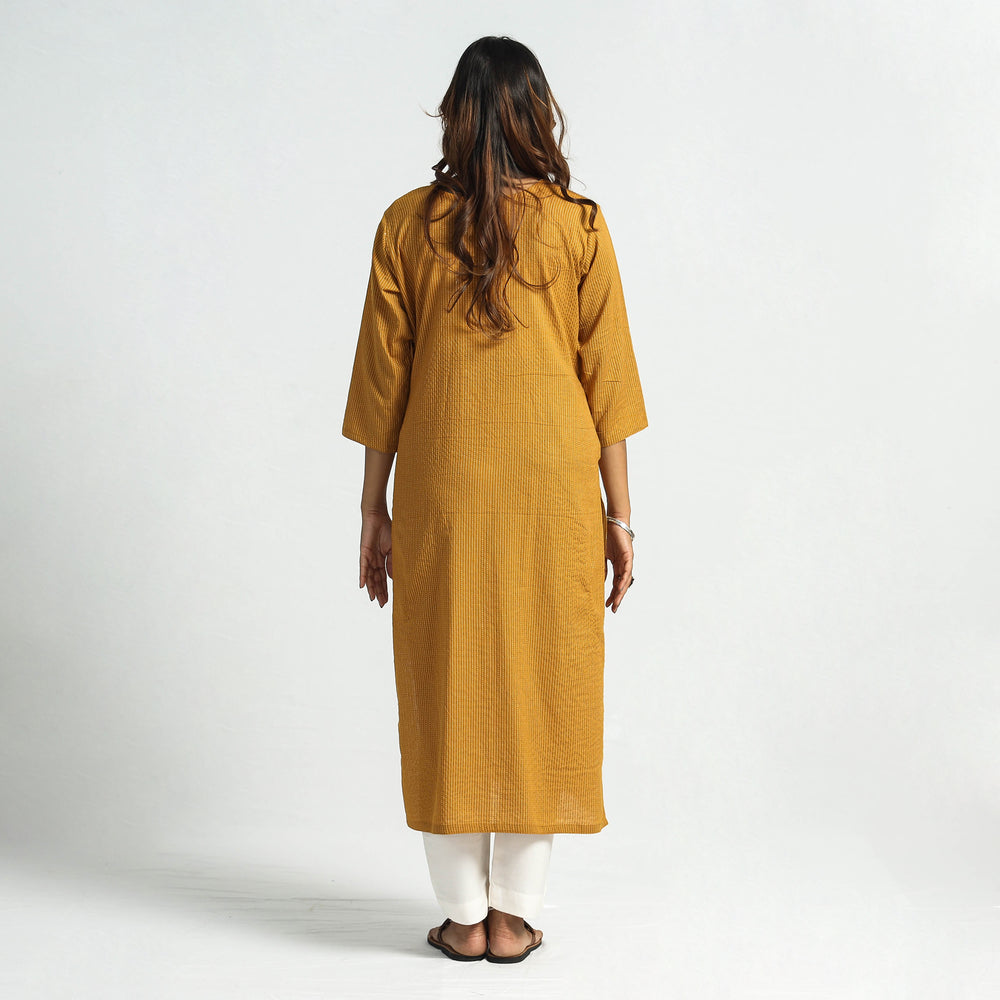 Mustard Yellow - Plain Running Stitch Cotton Pintuck Long Straight Kurta