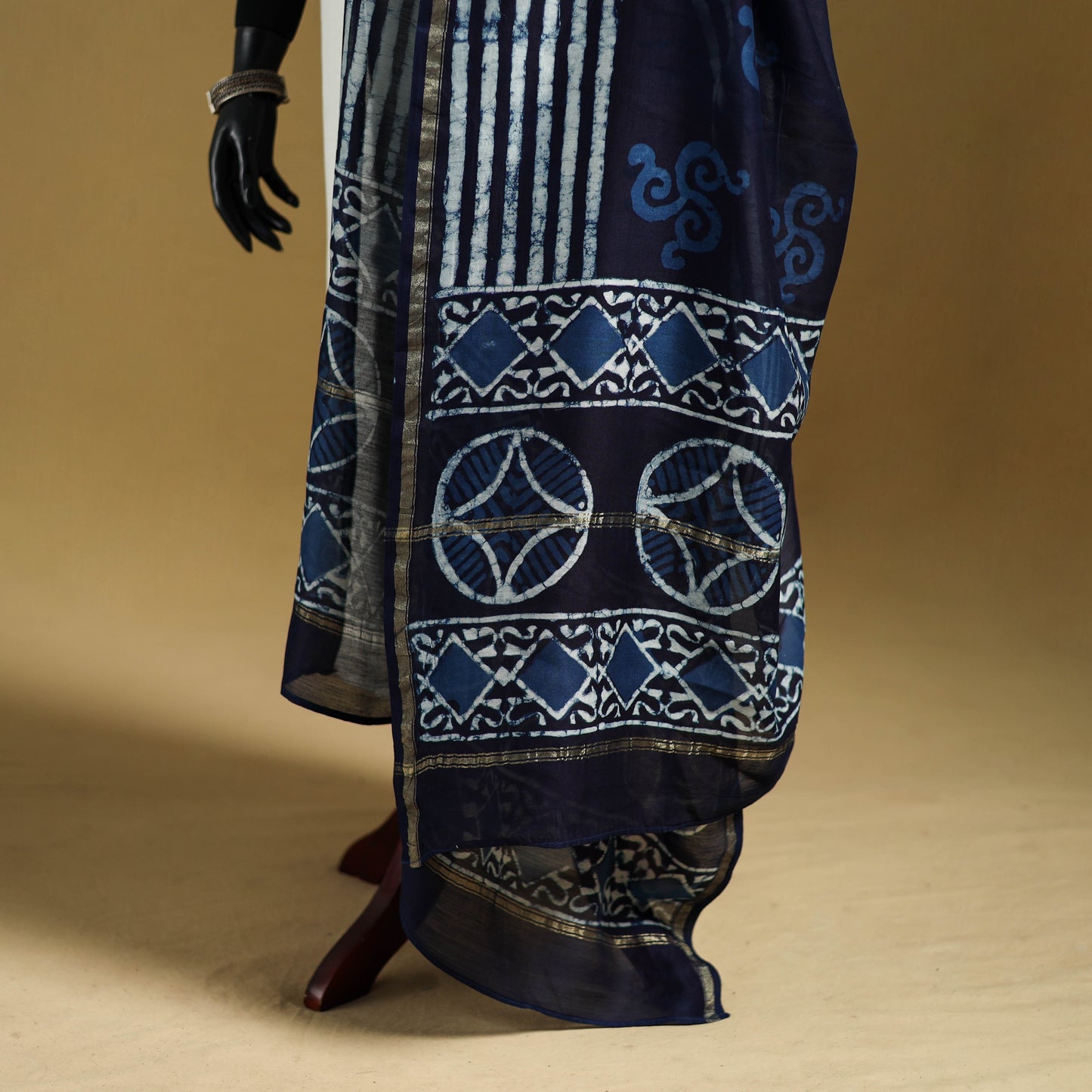 Blue - Pipad Hand Block Print Natural Dyed Chanderi Silk Handloom Dupatta 47