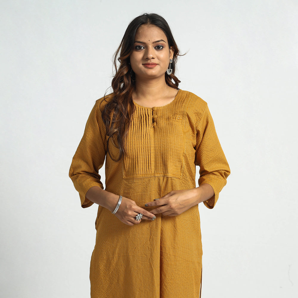 Mustard Yellow - Plain Running Stitch Cotton Pintuck Long Straight Kurta