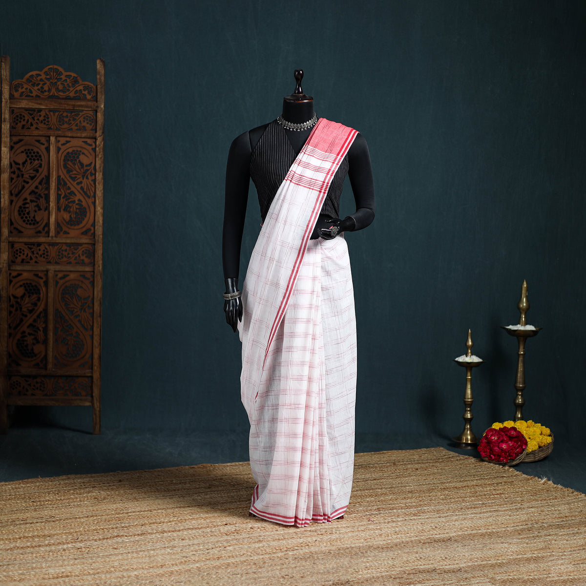 Bengal Handwoven Pure Cotton Check Saree for Durga Puja 10