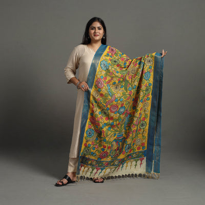 Yellow - Chanderi Silk Srikalahasti Handpainted Pen Kalamkari Dupatta 54