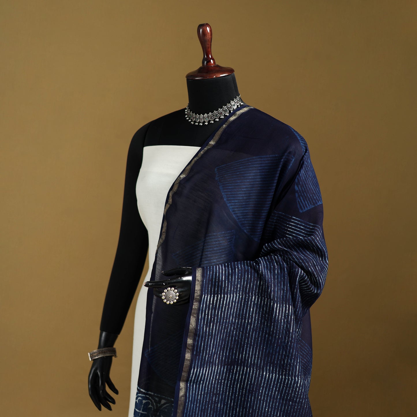 Blue - Pipad Hand Block Print Natural Dyed Chanderi Silk Handloom Dupatta 48