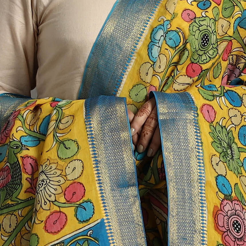 Yellow - Chanderi Silk Srikalahasti Handpainted Pen Kalamkari Dupatta 54