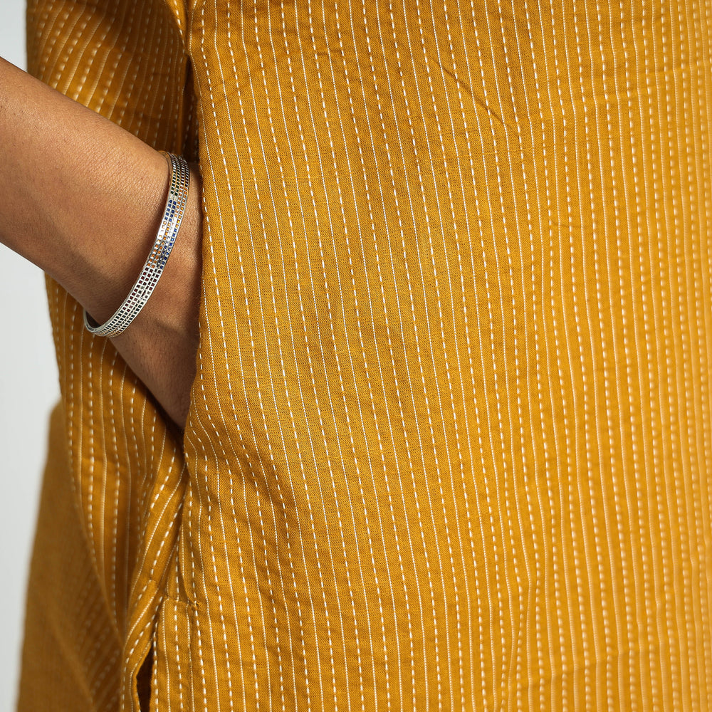 Mustard Yellow - Plain Running Stitch Cotton Pintuck Long Straight Kurta