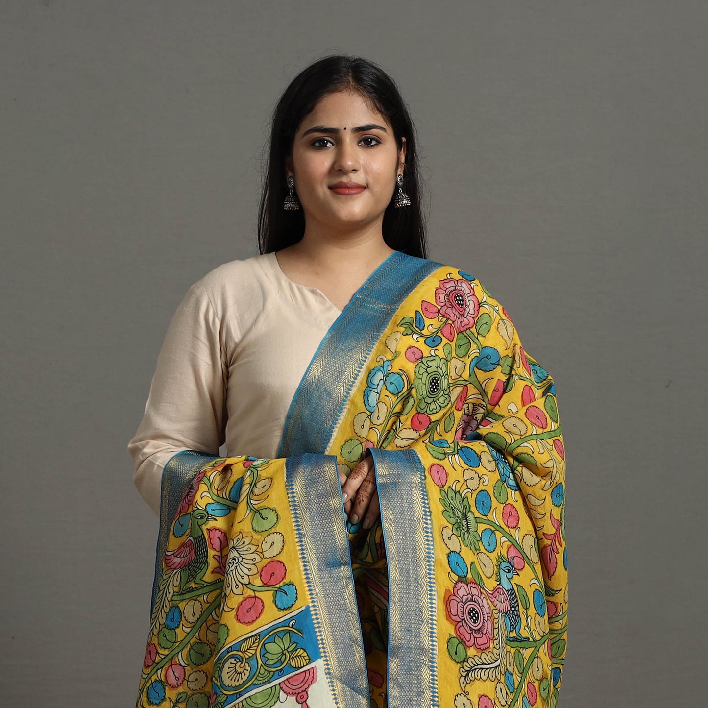 Yellow - Chanderi Silk Srikalahasti Handpainted Pen Kalamkari Dupatta 54