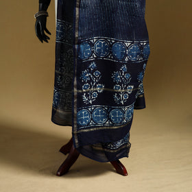 Blue - Pipad Hand Block Print Natural Dyed Chanderi Silk Handloom Dupatta 48