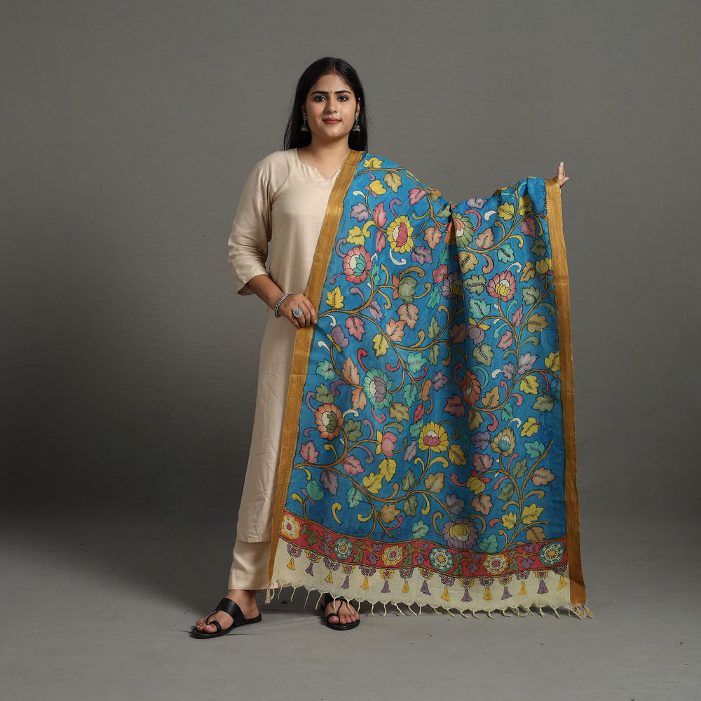 Blue - Chanderi Silk Srikalahasti Handpainted Pen Kalamkari Dupatta 55