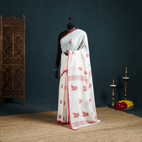White - Handwoven Pure Cotton Phulia Jamdani Saree for Durga Puja 11