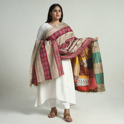 Multicolor - Bengal Kantha Embroidery Patchwork Reversible Silk Dupatta 77