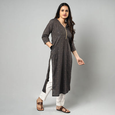 Brown - Jacquard Cotton Long Kurta