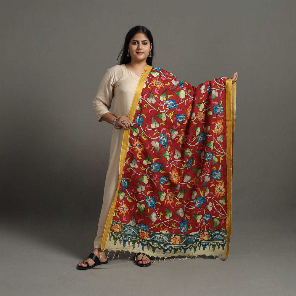 Red - Chanderi Silk Srikalahasti Handpainted Pen Kalamkari Dupatta 56