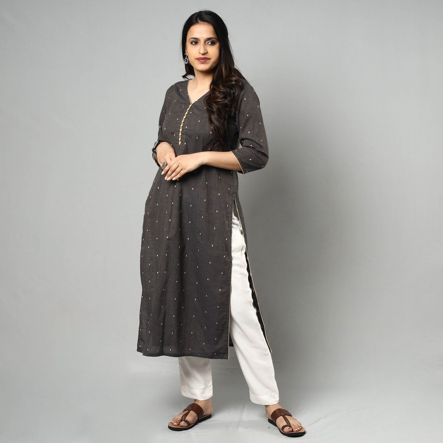 Brown - Jacquard Cotton Long Kurta