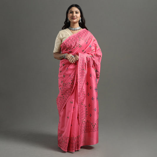 Pink - Bengal Nakshi Kantha Embroidery Silk Saree