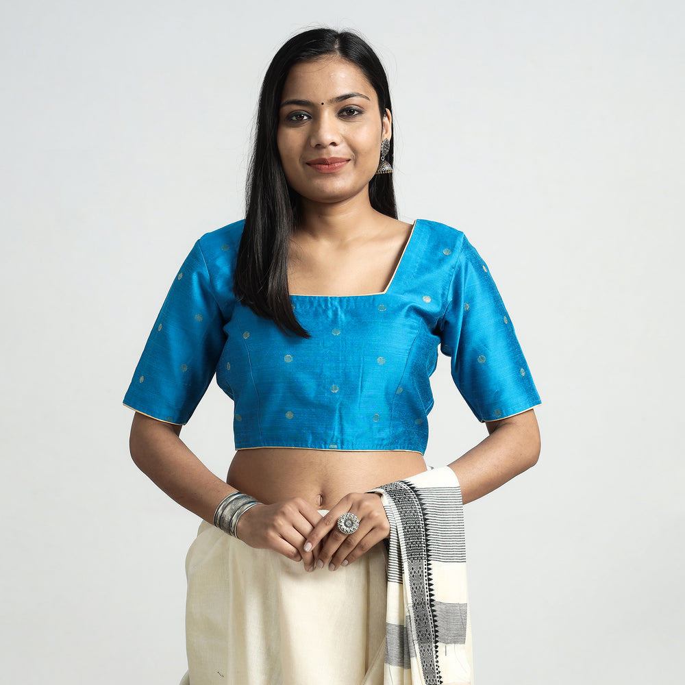 Aqua Blue - Polka Dot Zari Buti Viscose Silk Stitched Blouse