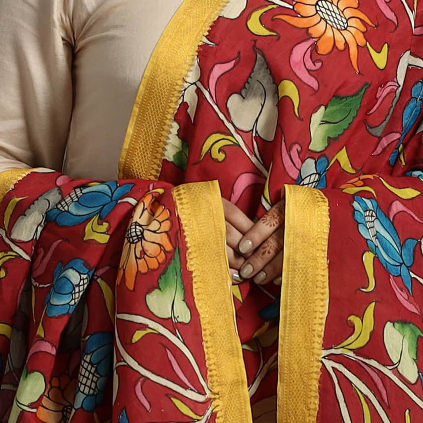 Red - Chanderi Silk Srikalahasti Handpainted Pen Kalamkari Dupatta 56