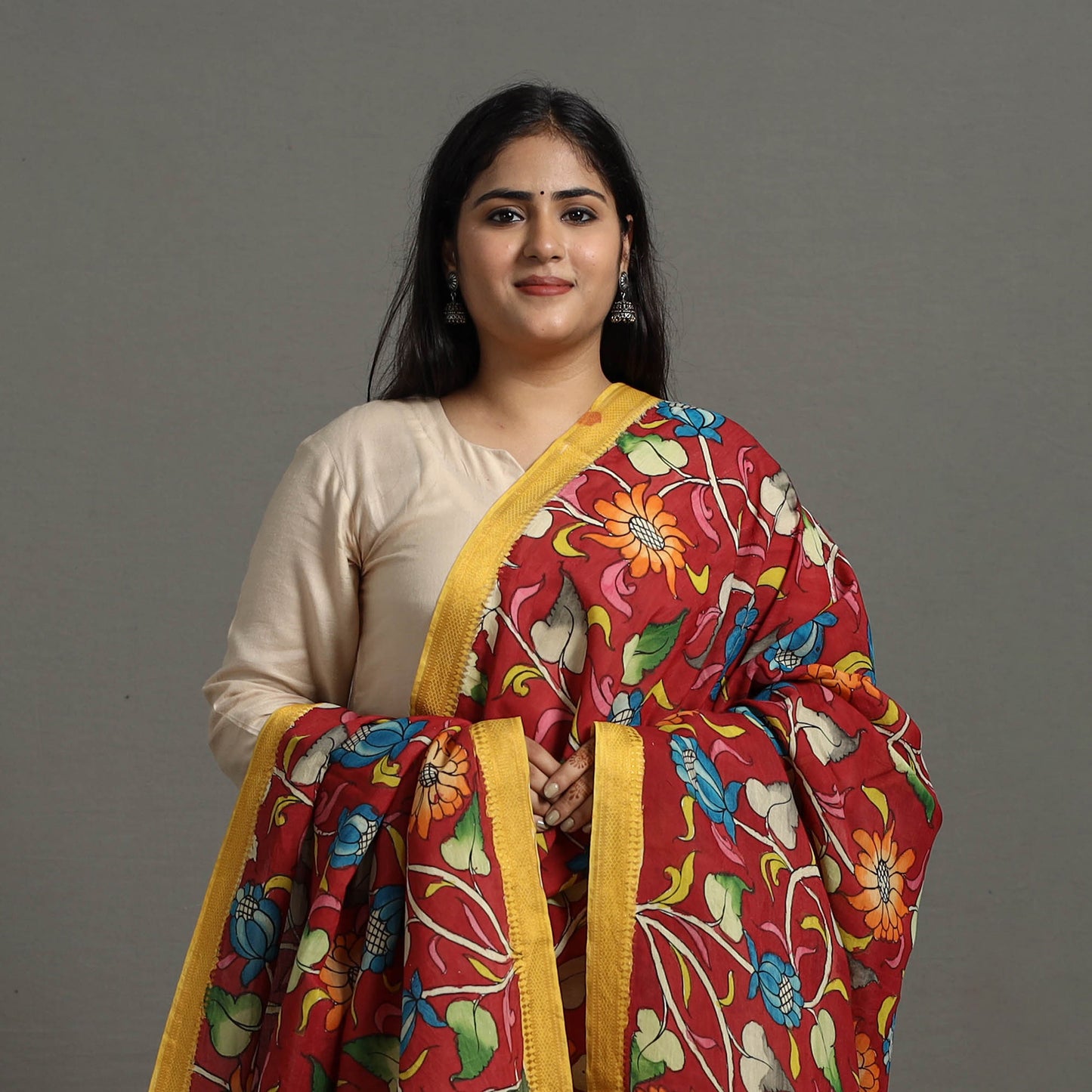 Red - Chanderi Silk Srikalahasti Handpainted Pen Kalamkari Dupatta 56