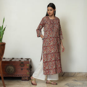 Red Block Print Cotton Pintuck Straight Kalamkari Kurta