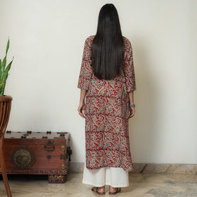 Red Block Print Cotton Pintuck Straight Kalamkari Kurta