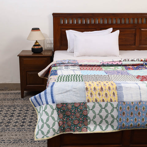 Multicolor - Single - Reversible Sanganeri Patchwork Cotton Quilt 40