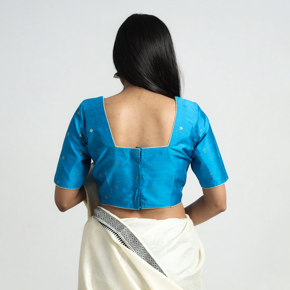 Aqua Blue - Polka Dot Zari Buti Viscose Silk Stitched Blouse