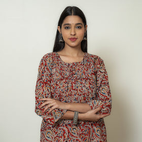 Red Block Print Cotton Pintuck Straight Kalamkari Kurta